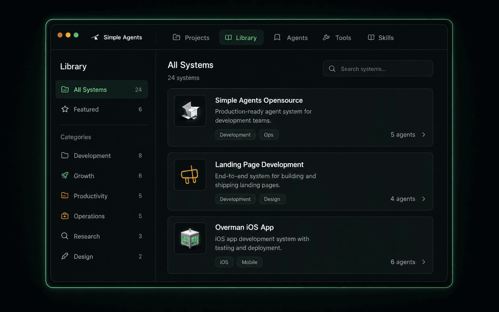 Simple Agents Library showing available systems