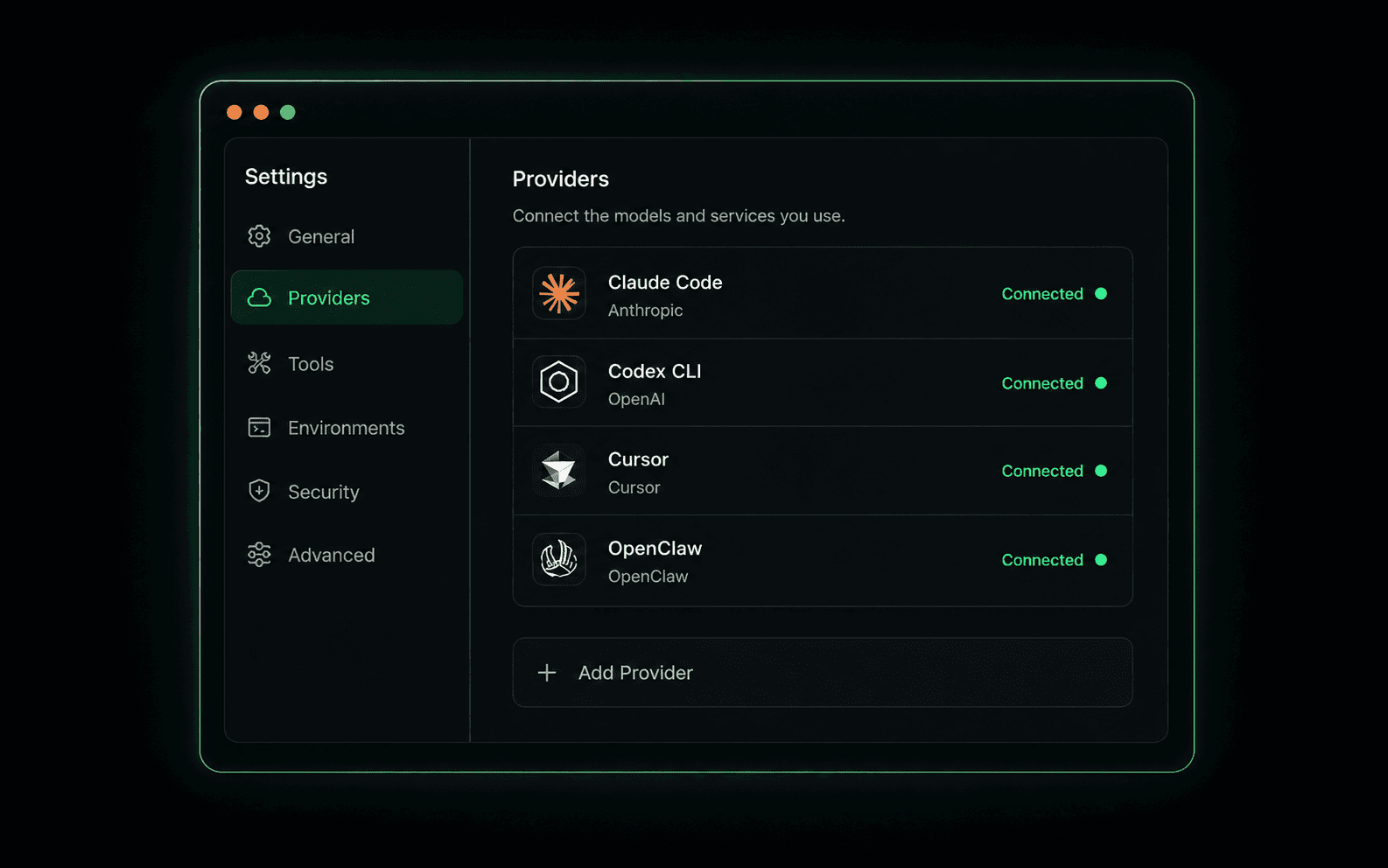 Simple Agents providers settings with connected tools