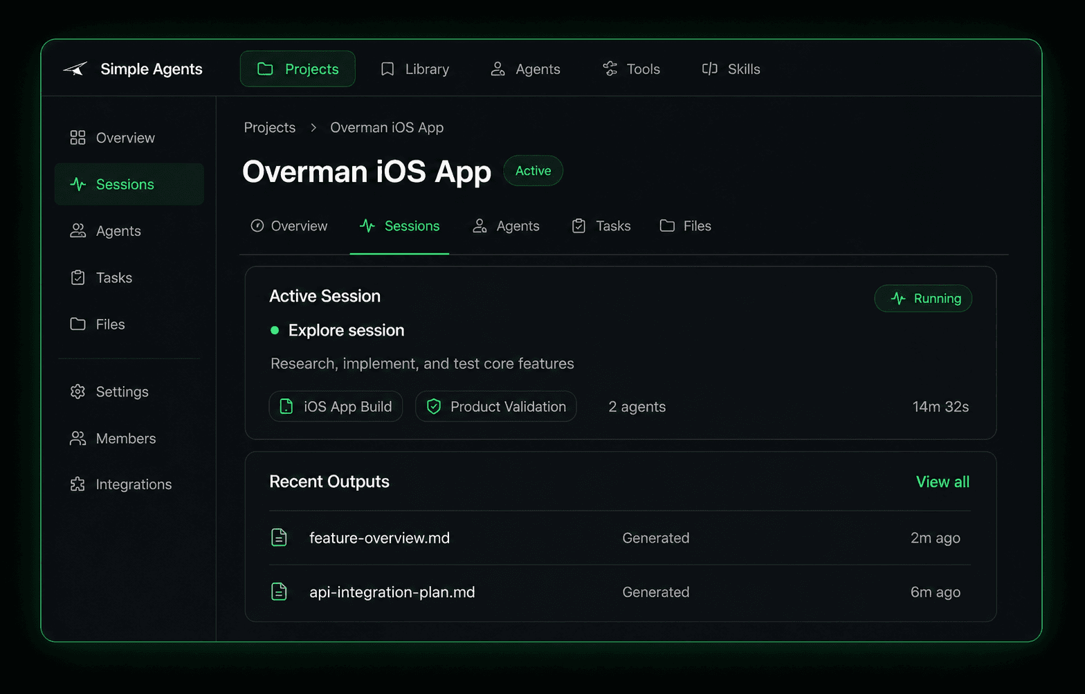 Simple Agents active project session and recent outputs
